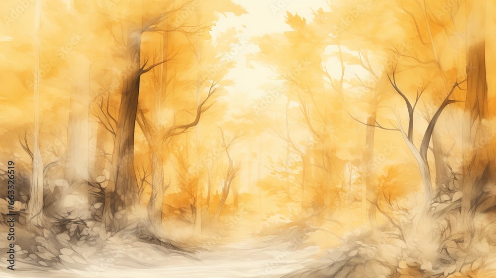  a painting of a path through a forest with yellow trees.  generative ai