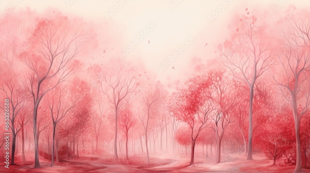 a painting of a red forest with trees in the background. generative ai a painting of a red forest with trees in the background. generative ai