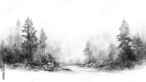  a black and white drawing of a forest with a river. generative ai