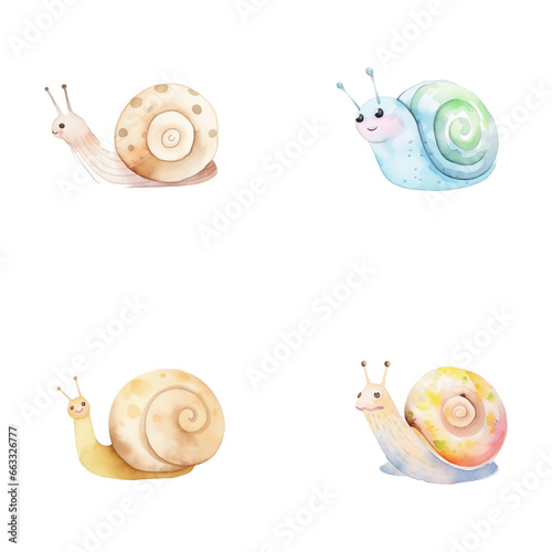 set of cute snail watercolor illustrations for printing on baby clothes, sticker, postcards, baby showers, games and books, safari jungle animals vector