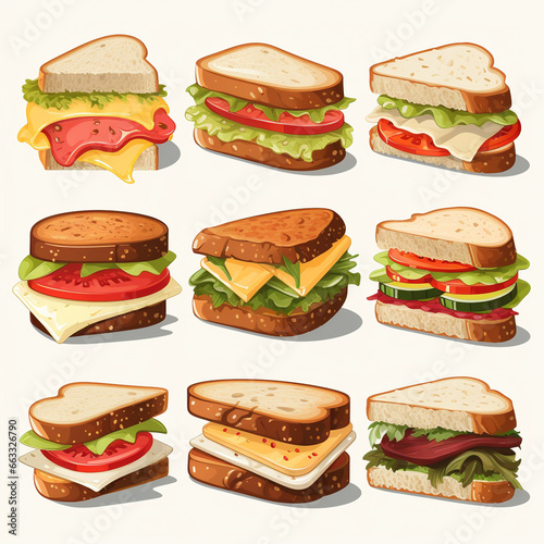 Set of sandwiches with cheese, ham, tomato, lettuce, onion, cucumber, cheese, lettuce and tomato. Vector illustration