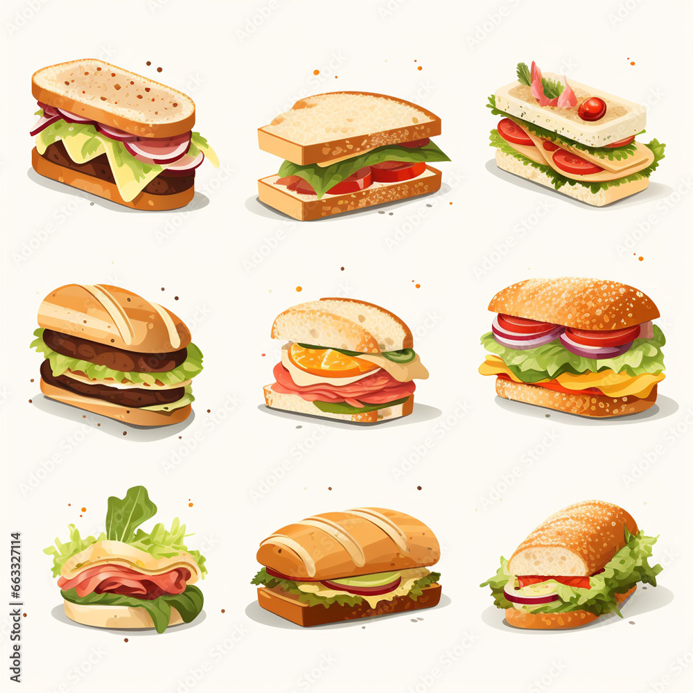 Set of sandwiches with cheese, ham, tomato, lettuce, onion, cucumber, cheese, lettuce and tomato. Vector illustration Set of sandwiches with cheese, ham, tomato, lettuce, onion, cucumber, cheese, lettuce and tomato. Vector illustration