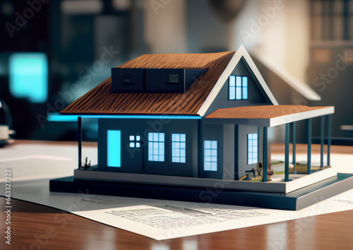 un concept de rendu holo 3d d'une petite maison futuriste vivante sur une table dans une agence immobilière avec un contrat sur la table 