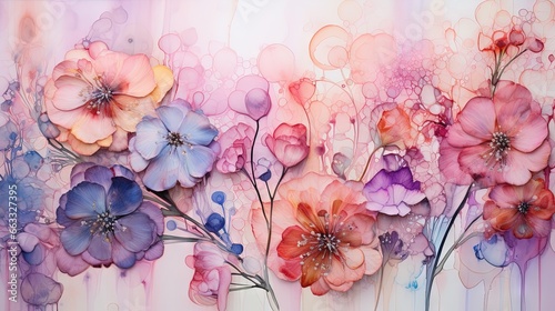  a painting of flowers painted on a white wall with pink and blue colors. generative ai