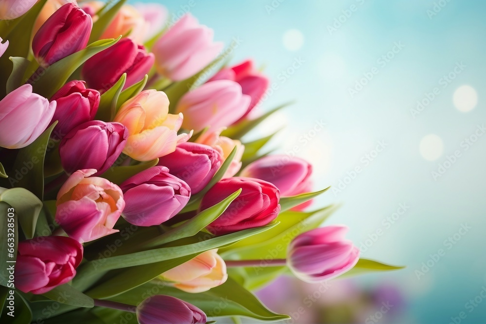 Obraz premium spring flowers banner. bunch of pink tulip flowers on blue sky background. generative ai.