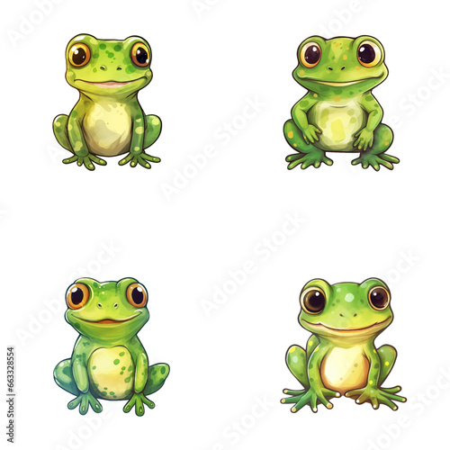 set of cute frog watercolor illustrations for printing on baby clothes, sticker, postcards, baby showers, games and books, safari jungle animals vector