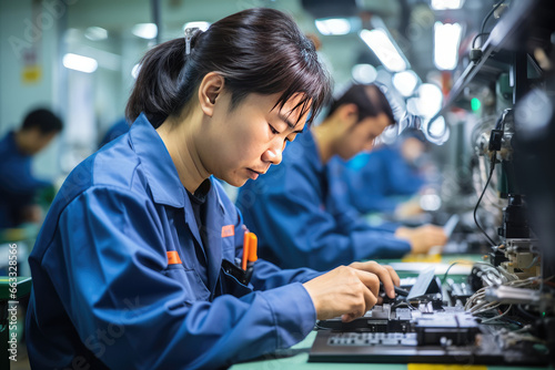 Asian workers in a technology production factory using industrial machines and cables to assemble electronic smartphones.