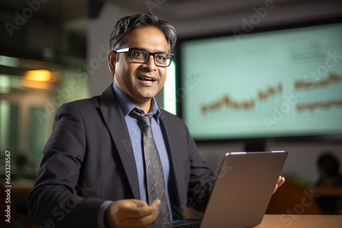 A mature Indian businessman, executive manager, presents a growth concept to shareholders during a company meeting, using a whiteboard and his laptop to illustrate his points.