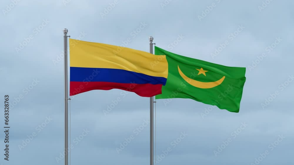Mauritania flag and Colombia flag waving together on cloudy sky, endless seamless loop, two country relations concept Mauritania flag and Colombia flag waving together on cloudy sky, endless seamless loop, two country relations concept