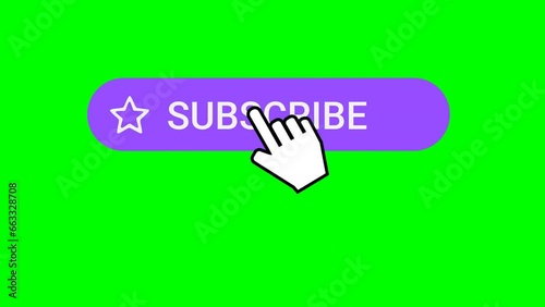 Flat style animation in English of a purple follow button with a heart on which a mouse pointer in the shape of an hand clicks to reveal a subscribe button. The pointer clicks on the button again.