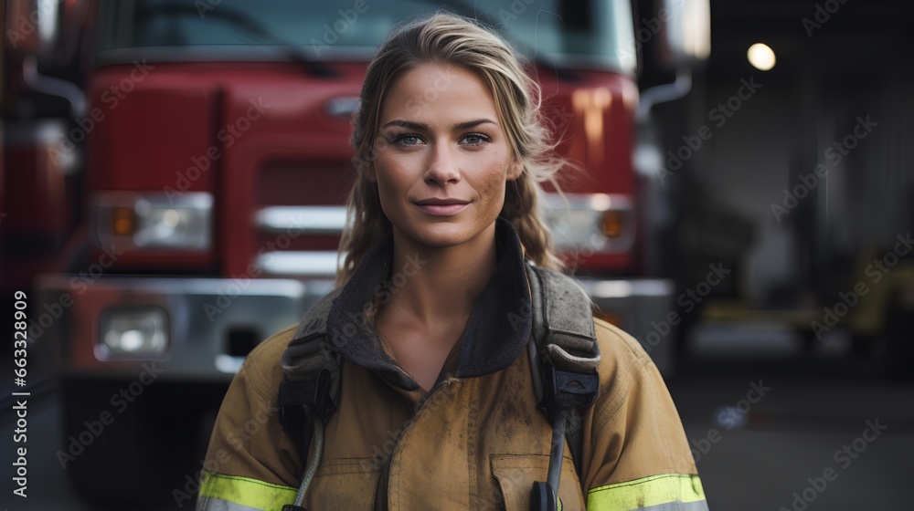 Female firefighter or firewoman with dirty face after a challenging day of work in emergency services. Woman with strength, resilience, courage and professionalism. Equality at work opportunities. Female firefighter or firewoman with dirty face after a challenging day of work in emergency services. Woman with strength, resilience, courage and professionalism. Equality at work opportunities.