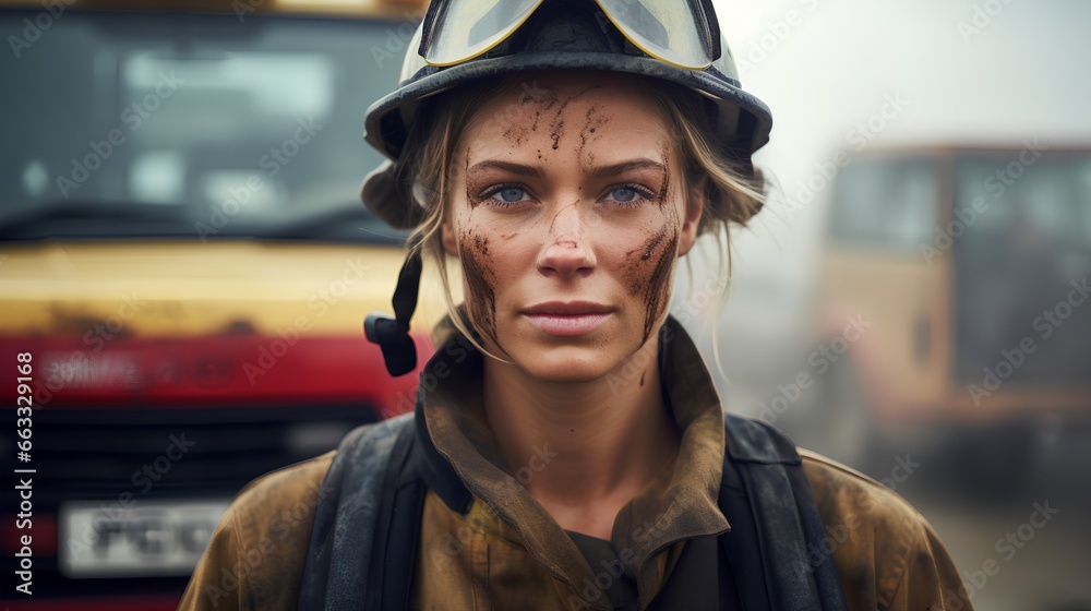 Female firefighter or firewoman with dirty face after a challenging day of work in emergency services. Woman with strength, resilience, courage and professionalism. Equality at work opportunities. Female firefighter or firewoman with dirty face after a challenging day of work in emergency services. Woman with strength, resilience, courage and professionalism. Equality at work opportunities.