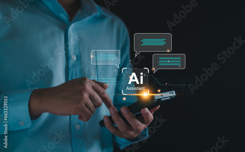 Chat robot ai assistant concept. Man command prompt to smart ai chatbot on virtual screen. Modern technology ai or artificial intelligence service on online website. Help solve various problems. photo