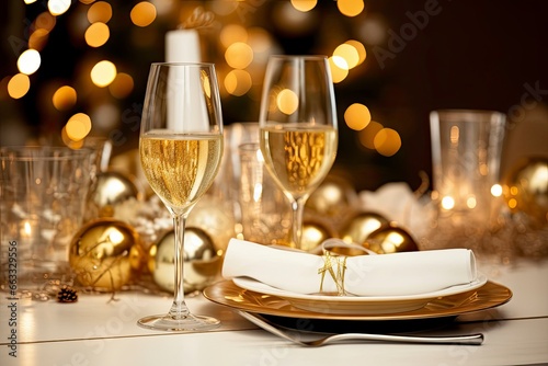 Christmas table setting with holiday decorations in gold color. © Md
