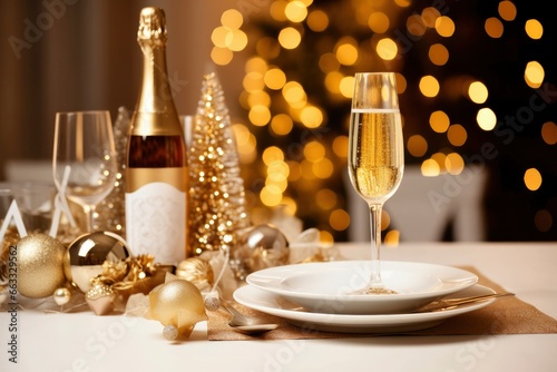 Christmas table setting with holiday decorations in gold color.