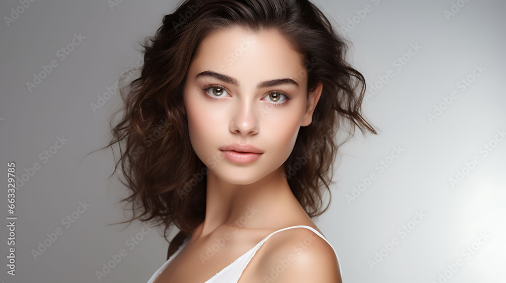 Beauty portrait of young brunette woman with clean fresh skin. Studio shot. Beauty portrait of young brunette woman with clean fresh skin. Studio shot.