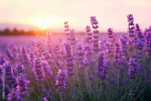 Close up lavender flowers in beautiful field at sunset. © Md