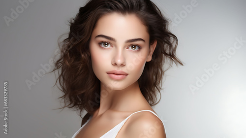 Beauty portrait of young brunette woman with clean fresh skin. Studio shot.