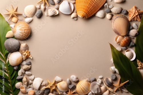 Seashells Frame with Copy Space mockup starfish pebbles on beige background shades of white orange
