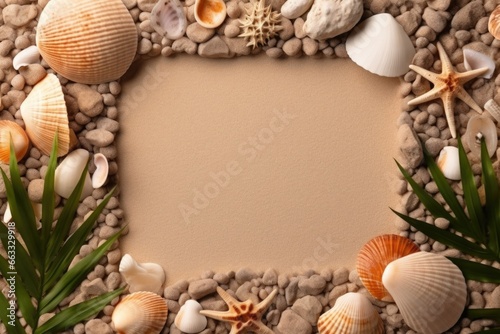 Seashells Frame with Copy Space mockup starfish pebbles on beige background shades of white orange