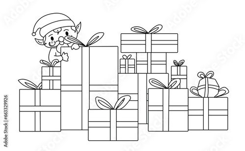 Coloring page. Elf with gifts. Christmas picture.