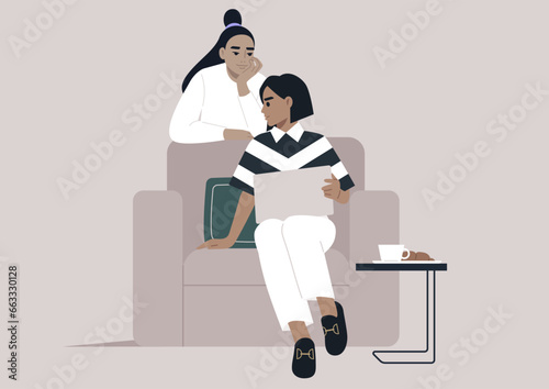 One character seeking advice from another and sharing their laptop screen to display the file of concern