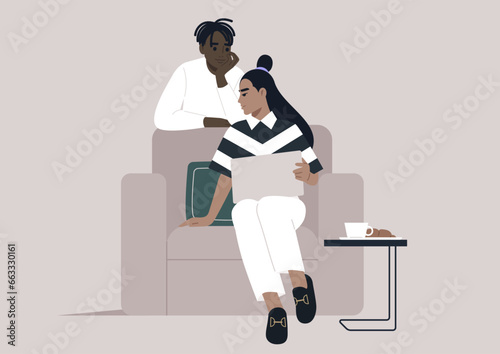 One character seeking advice from another and sharing their laptop screen to display the file of concern