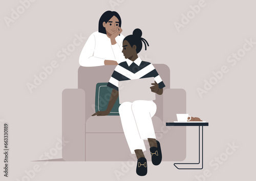 One character seeking advice from another and sharing their laptop screen to display the file of concern