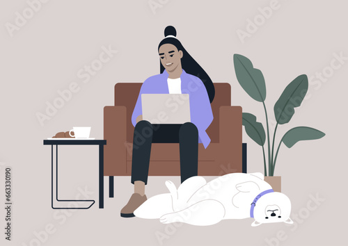 A young millennial character sits comfortably in a leather chair, a laptop resting on their lap, actively engaged in an online work conversation, a funny Samoyed dog lies on its back at their feet