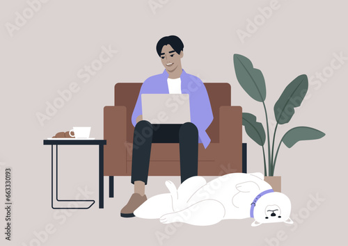 A young millennial character sits comfortably in a leather chair, a laptop resting on their lap, actively engaged in an online work conversation, a funny Samoyed dog lies on its back at their feet