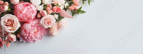 Fresh bunch of pink peonies and roses with copy space. © Md