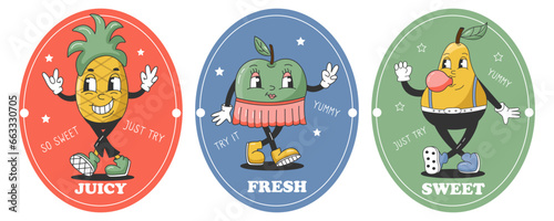 90s Fruits Funny Retro Hippie Groovy Cartoon Characters. Labels with Comic Characters of Pear, Pineapple and Apple. Groovy Summer Vector Stickers. Sweet Juicy Fresh Fruits Banner.