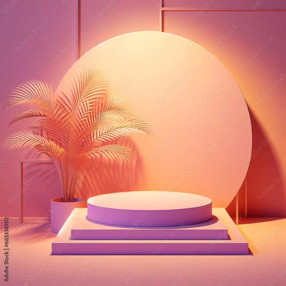 Abstract orange violet room with composition of Podium, palm leaves and geometric shapes with empty space for product presentation. Soft studio light. Abstract orange violet room with composition of Podium, palm leaves and geometric shapes with empty space for product presentation. Soft studio light.