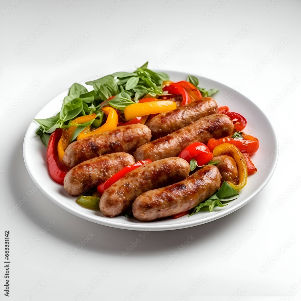Grilled sausages with salad on a white plate- isolated Grilled sausages with salad on a white plate- isolated