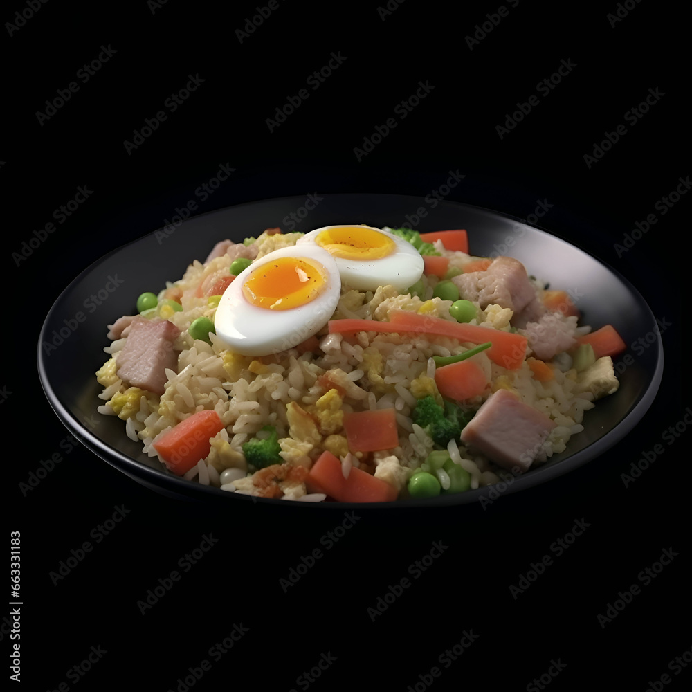 Fried rice with pork- egg and vegetables on black background. Fried rice with pork- egg and vegetables on black background.
