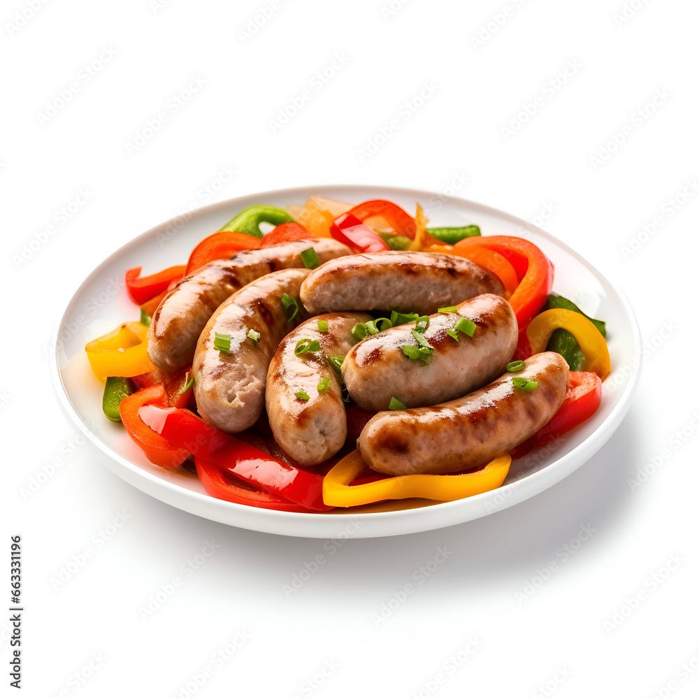 Grilled sausages with vegetables on plate isolated on white background Grilled sausages with vegetables on plate isolated on white background