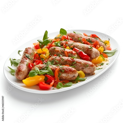 Grilled sausages with bell pepper and arugula on white background
