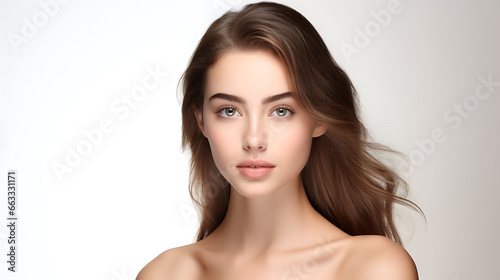 Beautiful young woman with long brown hair. Portrait of a girl with natural makeup.
