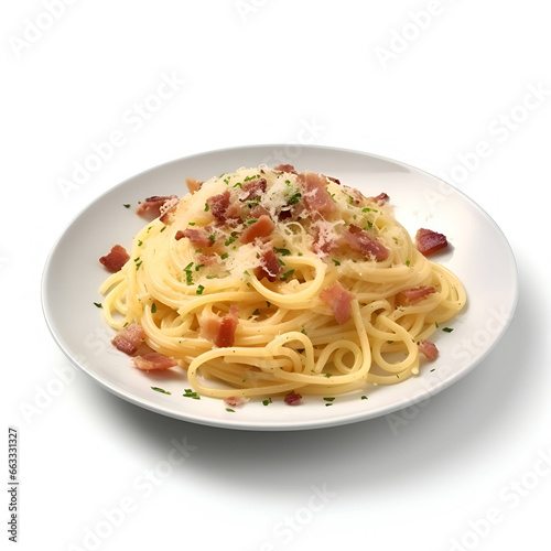 Spaghetti carbonara with bacon and parmesan on white background