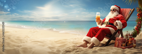 Santa Claus on the beach relaxing on a sunbed in the beach. Christmas Vacation photo