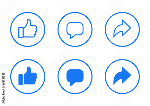 Like, comment, and share icon vector in circle line. Social media thumb up, speech bubble, and repost arrow sign symbol