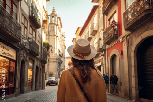 casual relax female traveller walk sight seeing daytour in europe famous beautiful old town with historic architecture famous landmark travel concept © VERTEX SPACE
