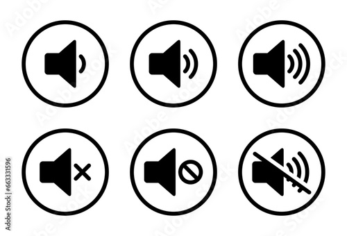 Speaker and mute volume icon vector in circle line. Sound, audio off sign symbol