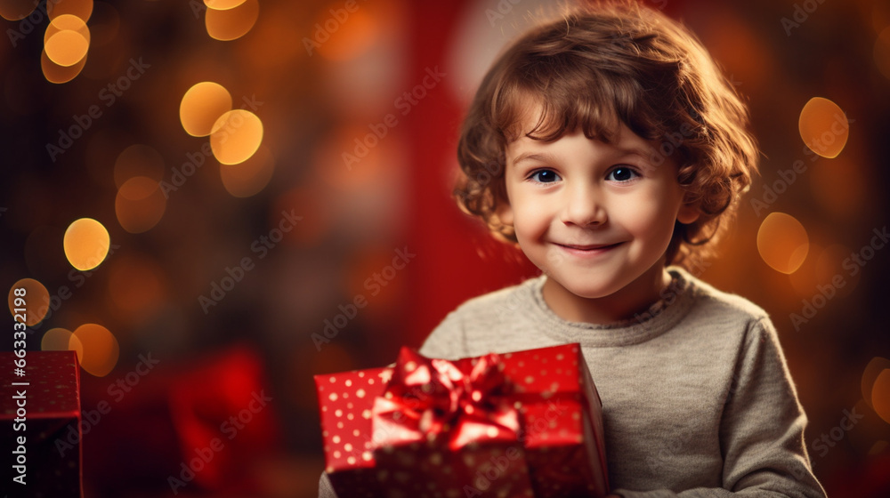 child with a gift for the New Year, New Year's interior, Christmas atmosphere. Generative AI child with a gift for the New Year, New Year's interior, Christmas atmosphere. Generative AI