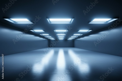3D rendering of an illuminated empty room with overhead lighting