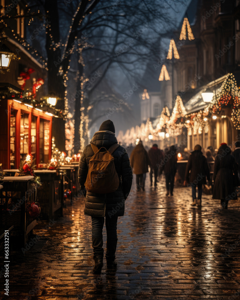 A Sparkling Scene of a Christmas Market in the Evening, Aspect Ratio 4:5