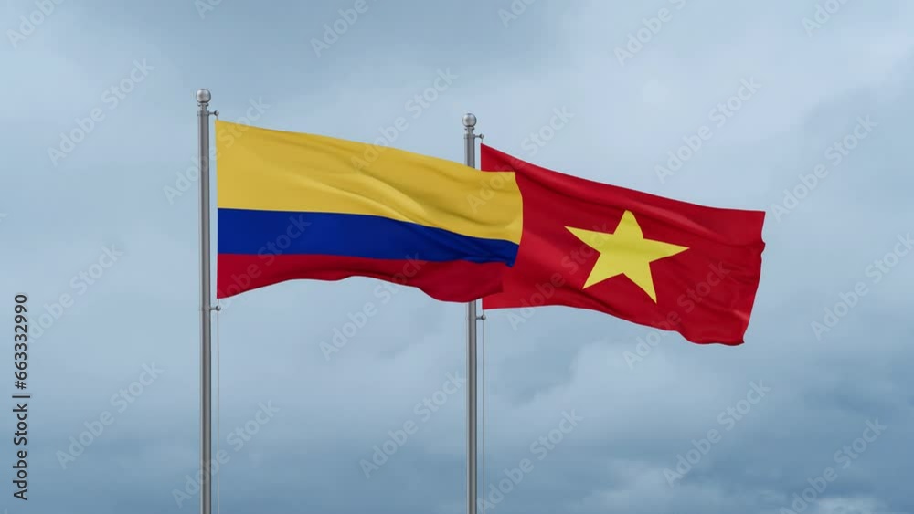 Vietnam and Colombia flag waving together on cloudy sky, endless seamless loop Vietnam and Colombia flag waving together on cloudy sky, endless seamless loop
