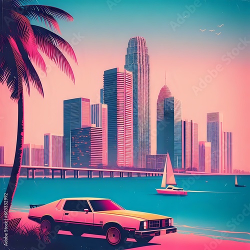 Miami City skyline at sunset with car