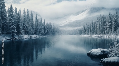 湖岸と冬の針葉樹林 © Albert