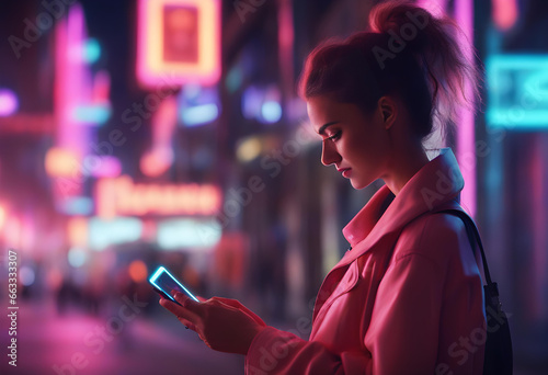 A woman with cell phone in a lighted street at night